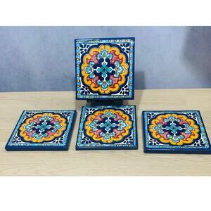 Mexican Talavera Pottery 4" Tile Clay Hand Painted Lot of 4
